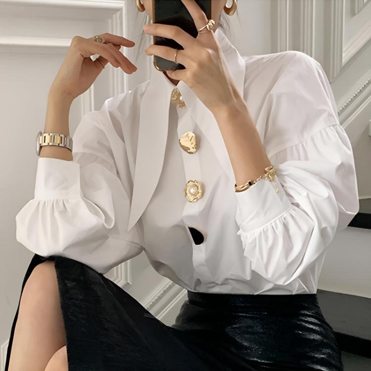Chic Women White Cotton Button Blouse Loose Lantern Long Sleeve Casual Office Spring Tops
