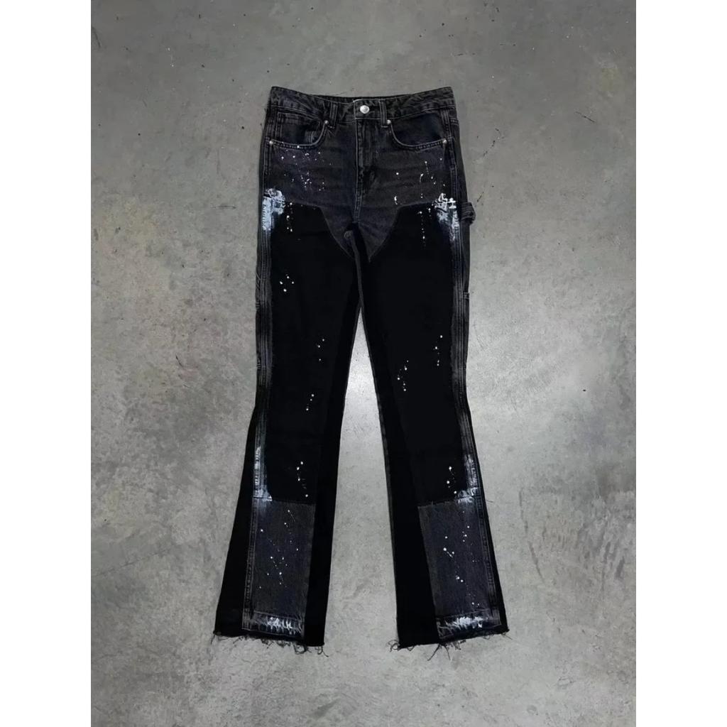 Men's Punk High Street Raw-Edge Skinny Jeans with Micro Trumpet Detail Y2K Low Rise Stretch Floor Length Biker Rock Pants