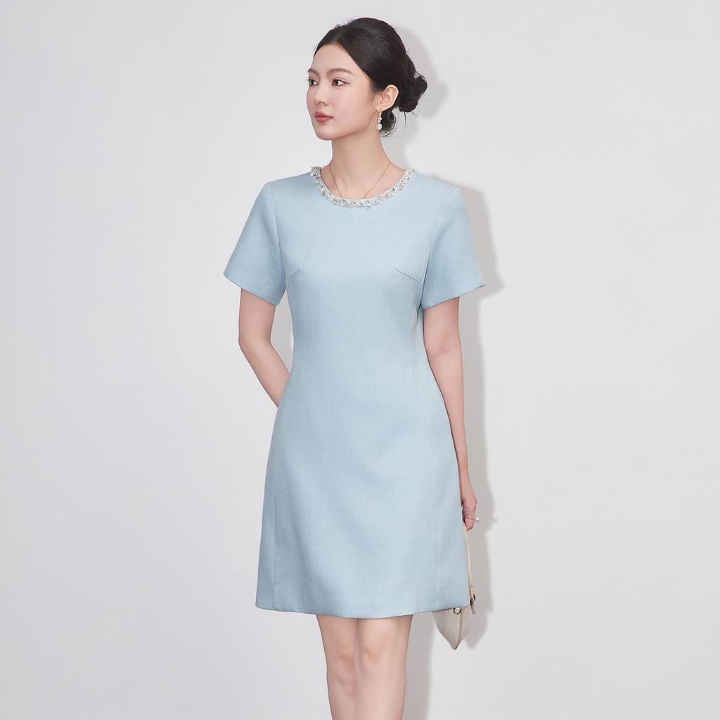 Diamond-Embellished Waist-Defining Linen Blend Dress - French Chic Women's Summer Style
