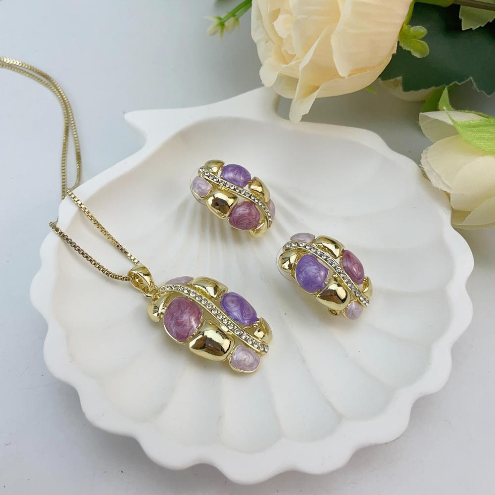 Multi Color Resin Gem Wrapped Metal Jewelry Set Women Necklace Earring Retro Luxury Accessory KY25173
