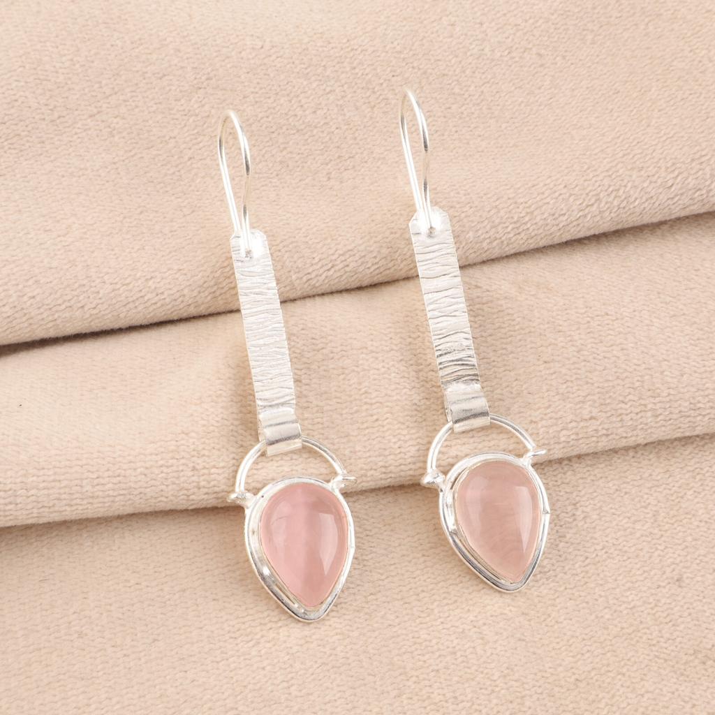 Natural Rose Quartz Gemstone 925 Sterling Silver Jewelry Handmade Earrings 2.3" EE-166-28