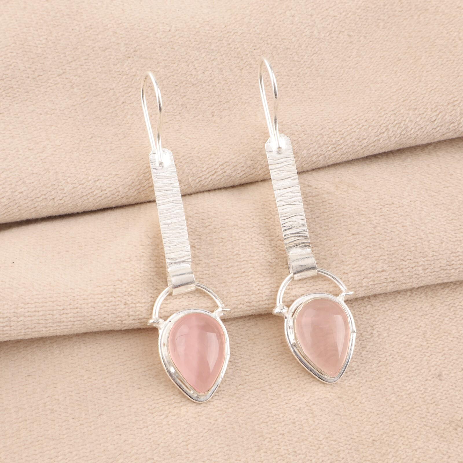 

Natural Rose Quartz Gemstone 925 Sterling Silver Jewelry Handmade Earrings 2.3 EE-166-28