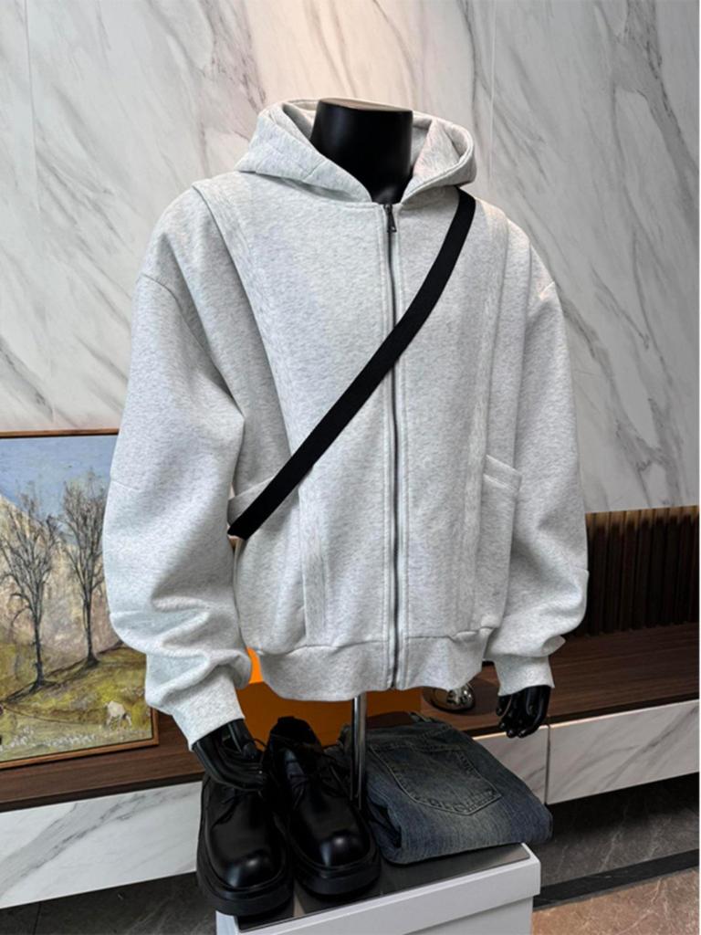 Men's 400g Heavy Gray Deconstructed Zip-Up Hoodie
