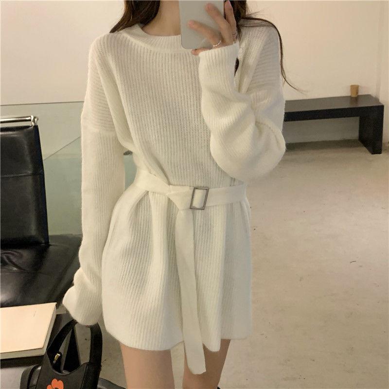 Women's Knit Dress Autumn Winter Simple Midi Sweater Dress Slim Fit Pullover Sweater Dress with Belt