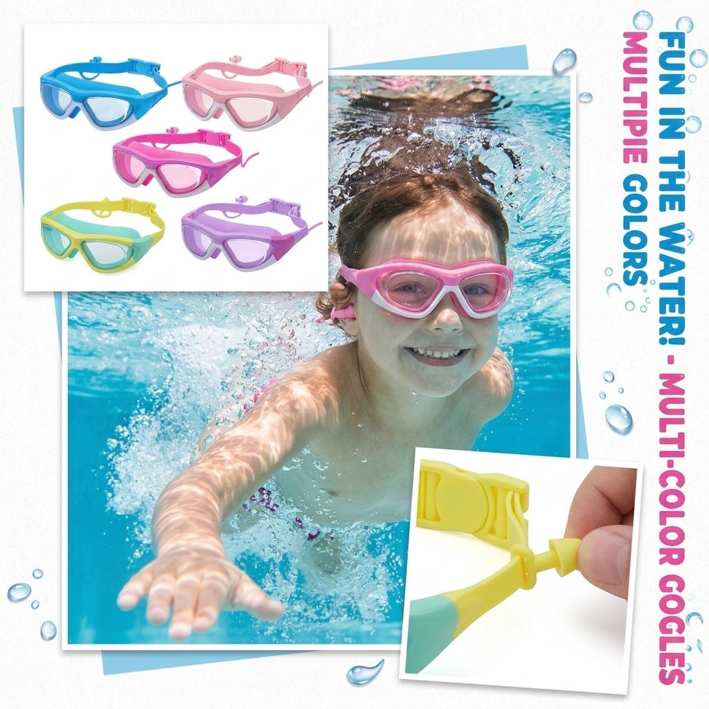 Kids Swimming Goggles with Adjustable Strap Wide Frame Anti-Fog Clear Lenses Comfortable Fit Includes Earplugs for Swimming Training
