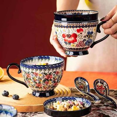 Handpainted Ceramic Soup Bowl with Snack Serving Tray,Vintage Floral Embossed Design Microwave Safe,Large Handle and Thick Base,Perfect for Cereal,Nut