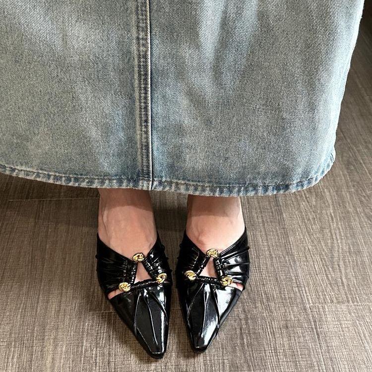 2025 new triangular buckle French temperament half-drag muller shoes pointed tip thin heel sandals women wear high heels