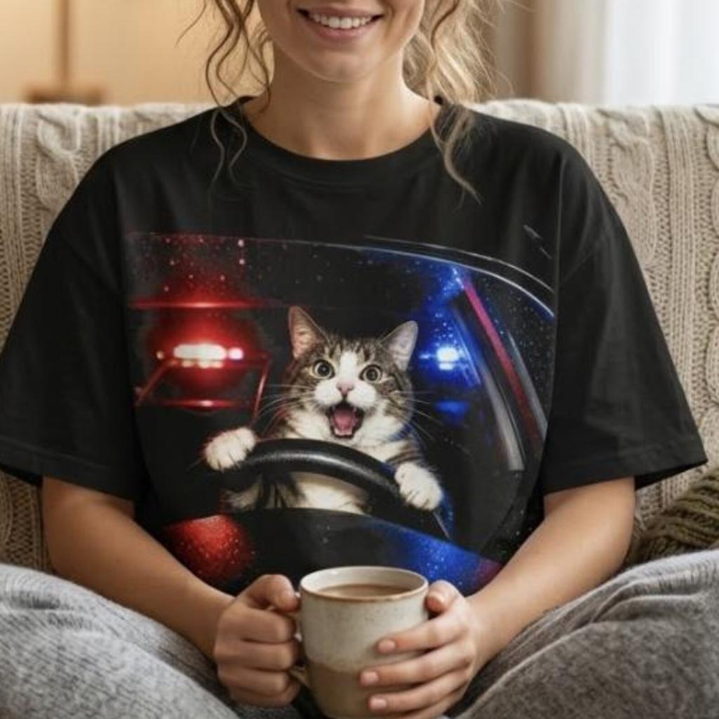 Funny Cat Driving Police Chase Shirt, Crazy Cat Cop Meme T-Shirt, Screaming Cat Car Graphic Tee, Cute Pet Lover Gift Unisex Gildan 5000