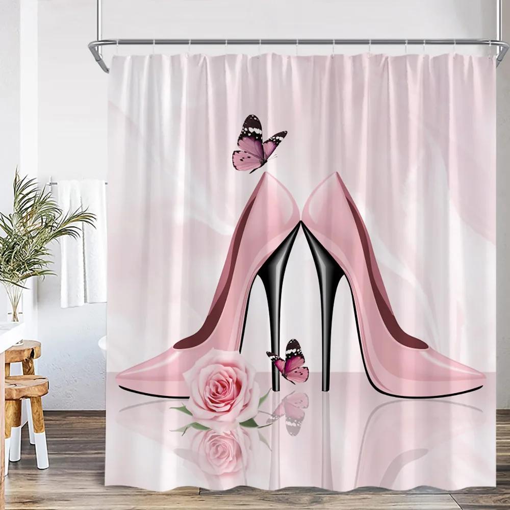 Rote High Heels Duschvorhänge Kosmetik Rote Lippen Rosa Badezimmerdekorationen Modernes Mode-Mädchen Schönheit Badevorhang mit Haken