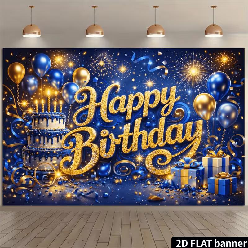 

2D Flat Printing Blue Gold Birthday Banner for Studio & Home Parties 47.2x31.5inch/120*80cm