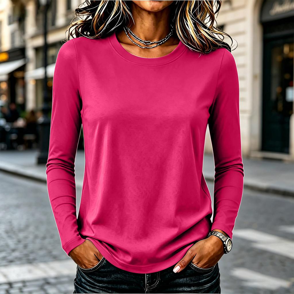 Women's Casual Long Sleeve Solid Color Crew Neck Shirt Lightweight Soft Fabric Relaxed Fit Everyday Wear