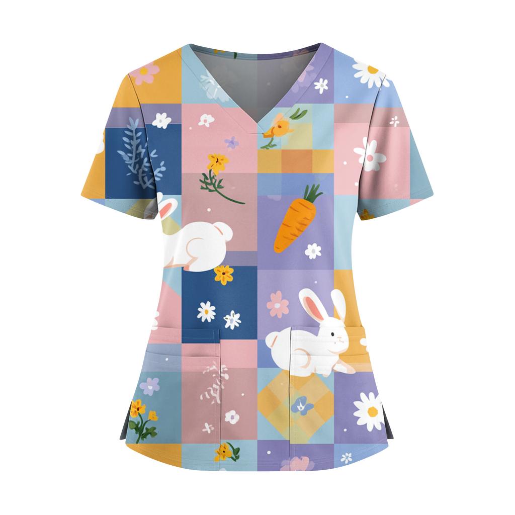 Damen Osterdruck V-Ausschnitt Doppeltasche Kurzarm Uniform Top mit geschlitztem Saum