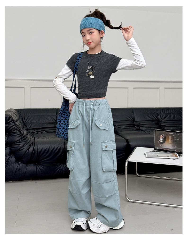 Girls' Wide-Leg Cotton Work Pants with Big Pockets - Autumn 2026 Style for Medium to Large Children, Casual Straight-Leg Long Pants