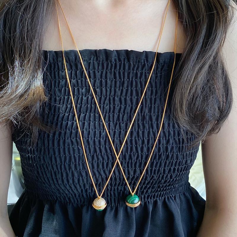 Musla Design Elegant Holiday Gift Natural Malachite Ball Pendant Long Necklace Jewelry for Women Fashion Sweater Chain Accessory