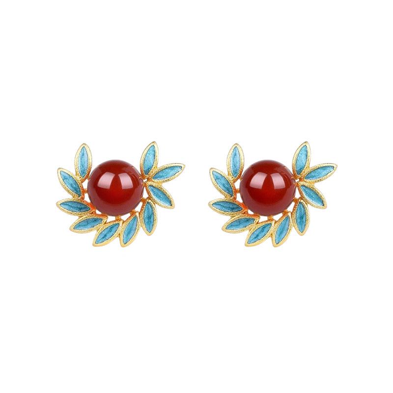 Gold-Plated Enamel Red Agate Earrings for Women with 925 Sterling Silver Posts - High-End New Chinese Style