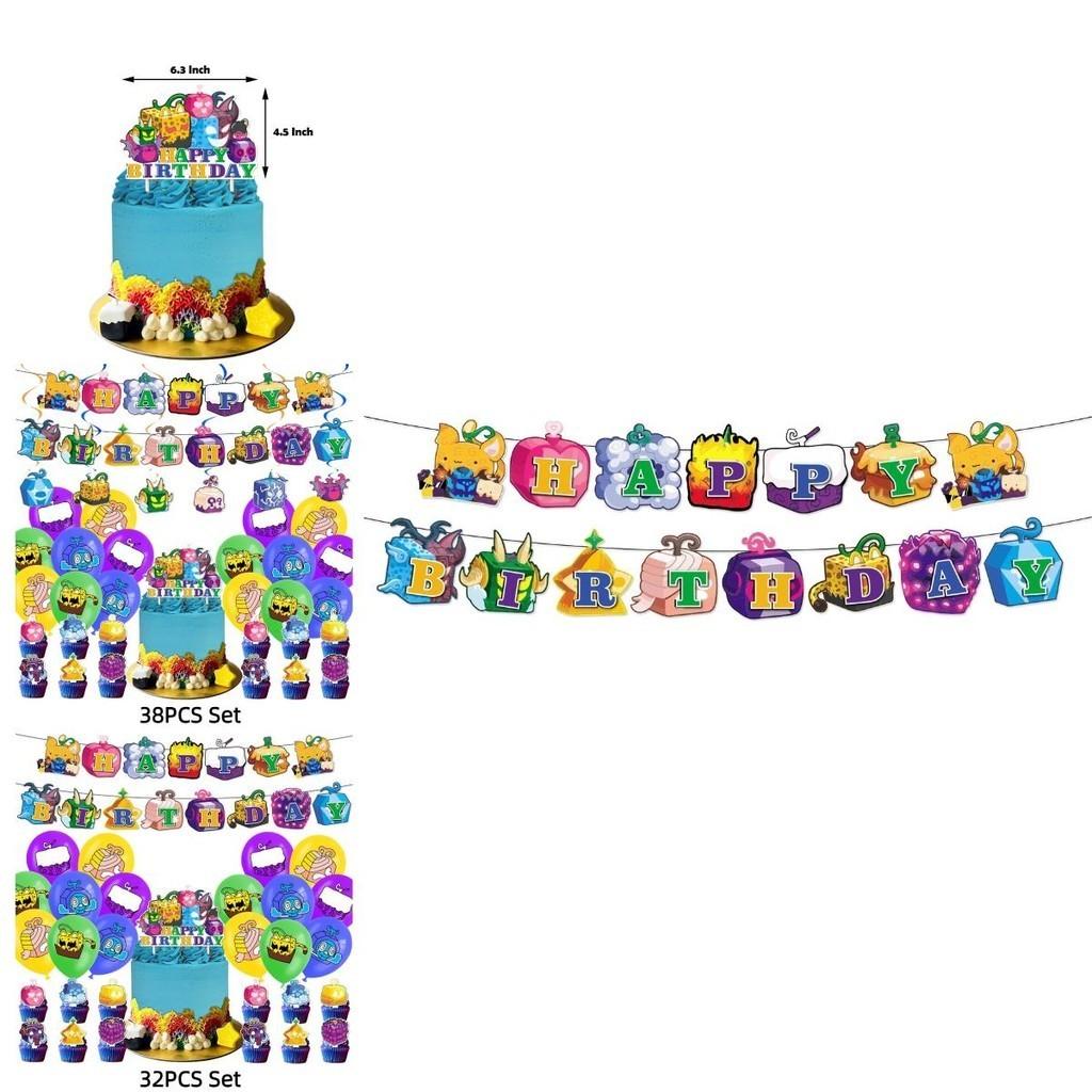 Blox Fruits Cartoon Theme Birthday Party Decorations Set Flags Balloons Cake Toppers