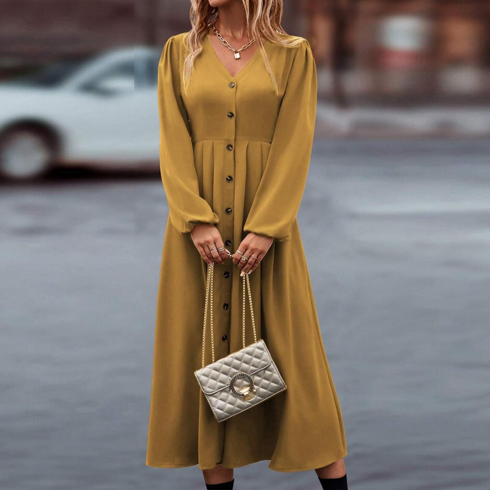 

Женское однотонное элегантное облегающее платье А-силуэта с V-образным вырезом и длинными рукавами и высокой талией XL жёлтый