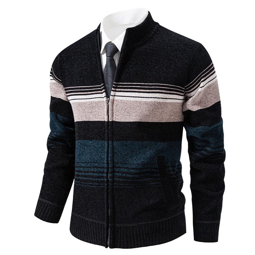 Herren Gestrickter Cardigan mit Streifen Reißverschluss Stehkragen Pullover Jacke Langarm Lässige Oberbekleidung für Herbst Winter