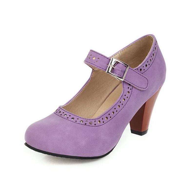 Girls' Shoes Women Pumps Solid Buckle Round Toe Lolita Shoes Square Heel Ankle Strap Shoes Woman High Heel Shoes Plus Size 32-43