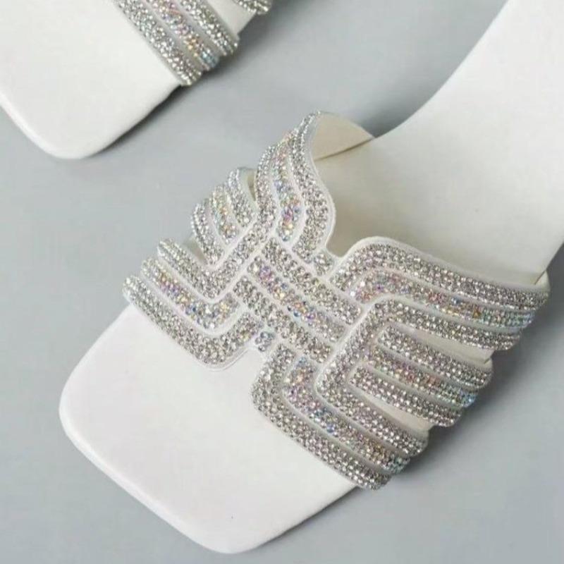 Summer Women Slippers  Outdoor Rhinestone Slippers Fashion Non-Slip Beach Shoes Comfortable Square Heel Sandals Slides Women