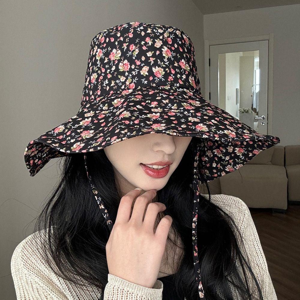 Fashion Floral Fisherman Hat Adjustable Large Brim Sunscreen Hat Foldable Sweet Sun Cap Beach