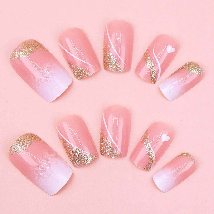 24 Pieces Pink white gradual change gold glitter simple decoration short temperament white nail art autumn and winter temperament white wear nail