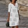 Women Summer V-neck Folk-custom Plus Size Print Loose Mid-sleeve Dress