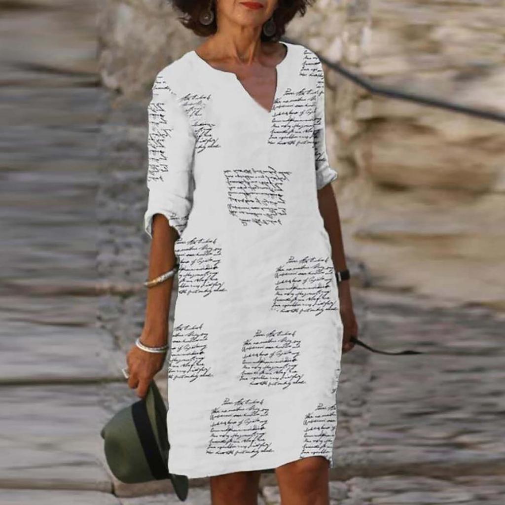 Women Summer V-neck Folk-custom Plus Size Print Loose Mid-sleeve Dress