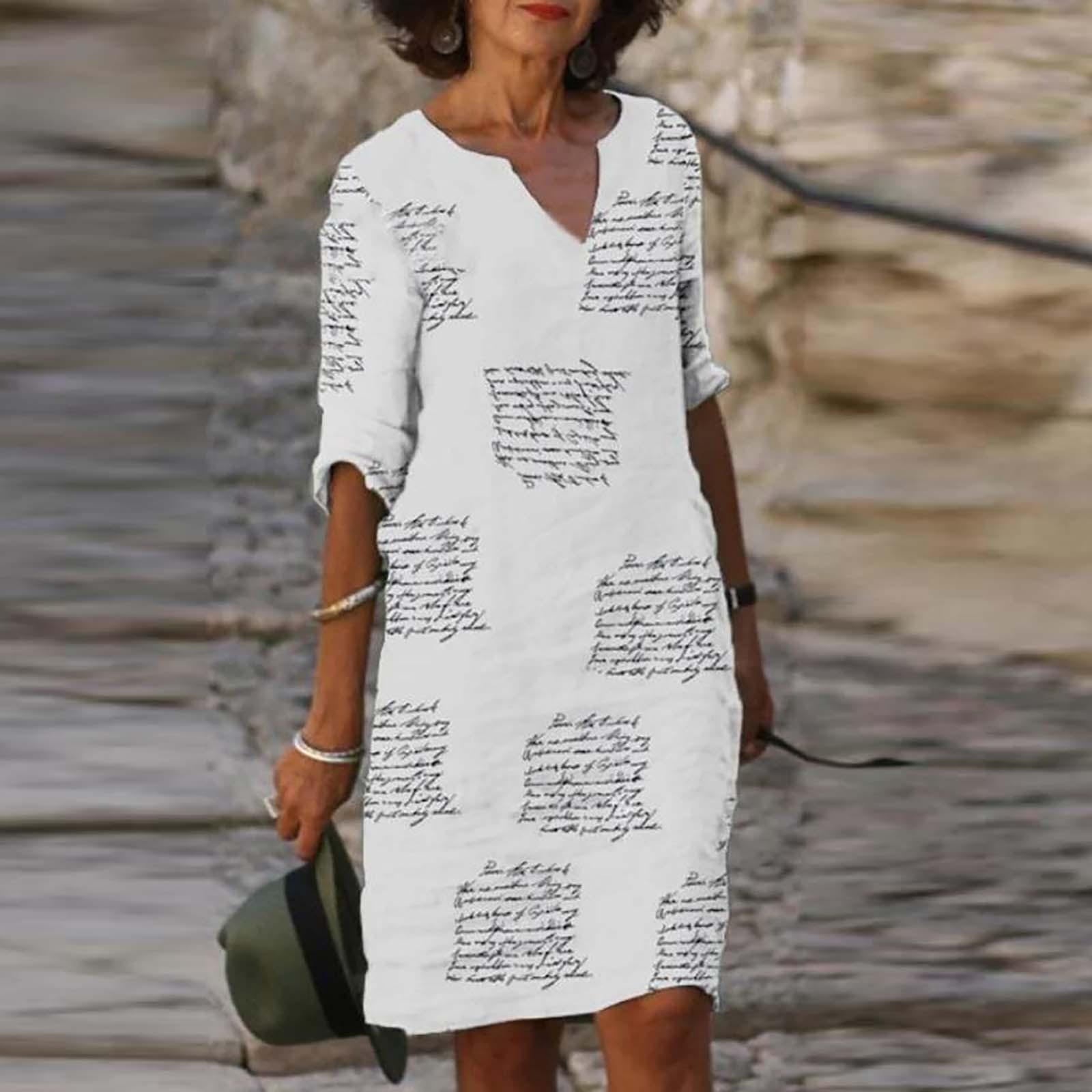 

Women Summer V-neck Folk-custom Plus Size Print Loose Mid-sleeve Dress M білий