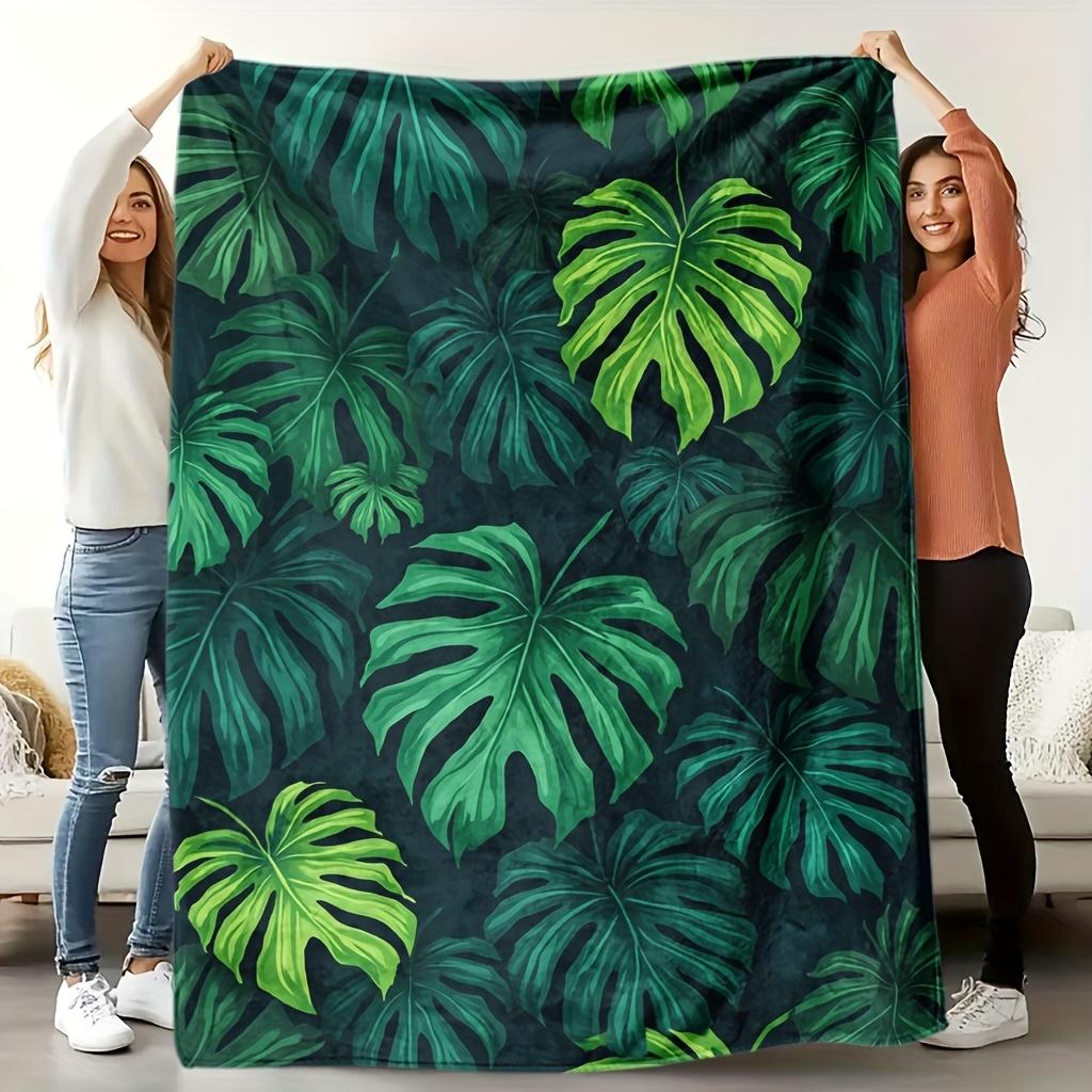 Tropical Rainforest Fleece Blanket - Soft Breathable All-Season Bedspread with Monstera Leaf Pattern, Green & Dark Green Tropica