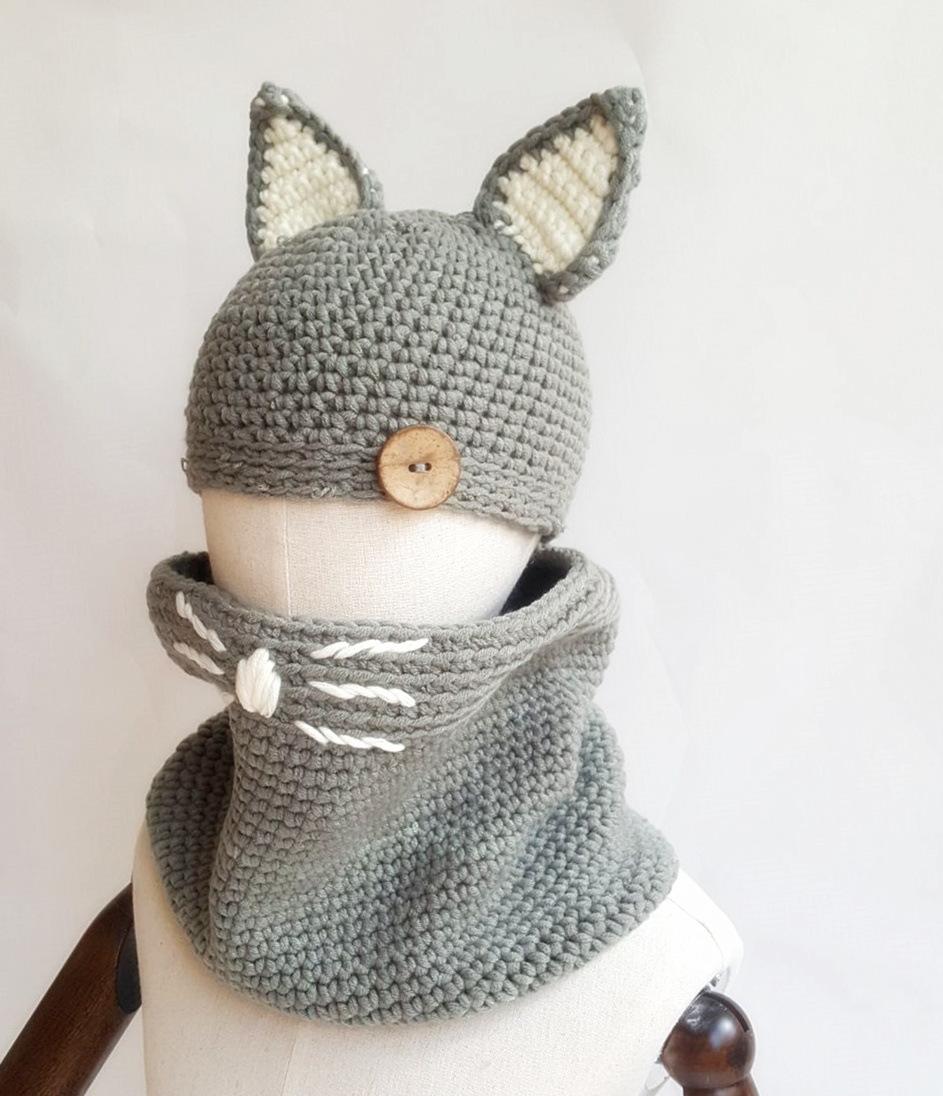 

Новые кошачьи ушки милая детская шерстяная шапка вязаная шапка шарф комплект из двух предметов осенне-зимняя шапка Adjustable серый