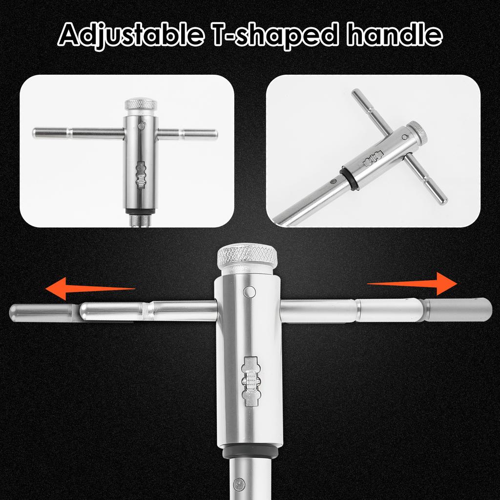 Silver T-Handle Ratchet Tap Holder Wrench Adjustable Manual Tapping Tool with Machine Screw Thread Metric Plug T-shaped Tap