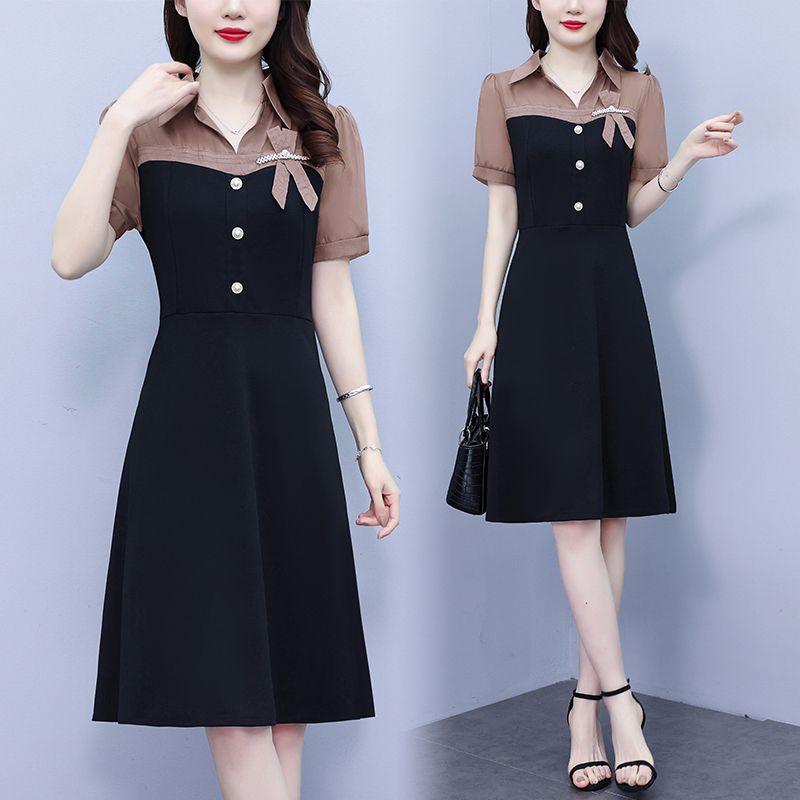 Summer Slimming Short Sleeve Dress with Pearl Splicing Youthful and Belly Covering