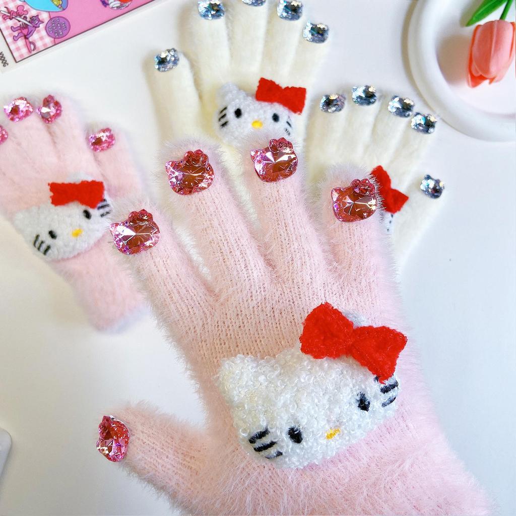 Hello Kitty Winter Gloves for Girls - Warm, Diamond-Patterned, Imitation Rabbit Fur, Perfect for Cold Protection and Cycling.