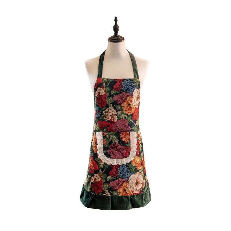 Designer Vintage Women Apron Home Kitchen Cooking Hanging Neck Art Smock French Lace Pocket Floral Smock Woman