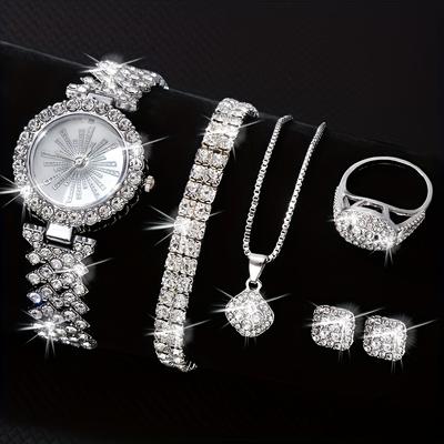 6-teiliges Damenuhren-Set, luxuriöse Strass-Quarzuhr, römische Mode-Analoguhr und Schmuckset, Geschenk für Mama und Sie