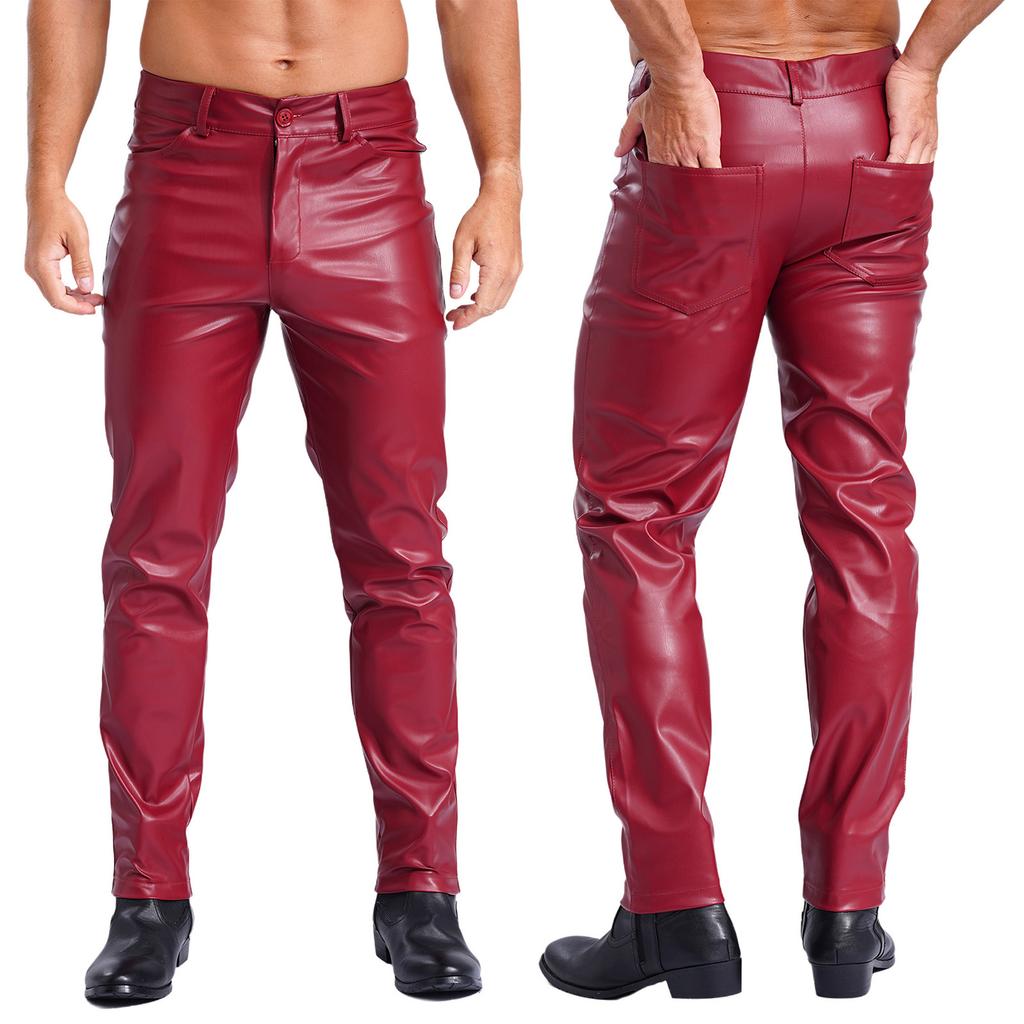 Mens Faux Leather Straight Leg Pants Smooth Lining Tights Leggings Music Festival Daily Outfit
