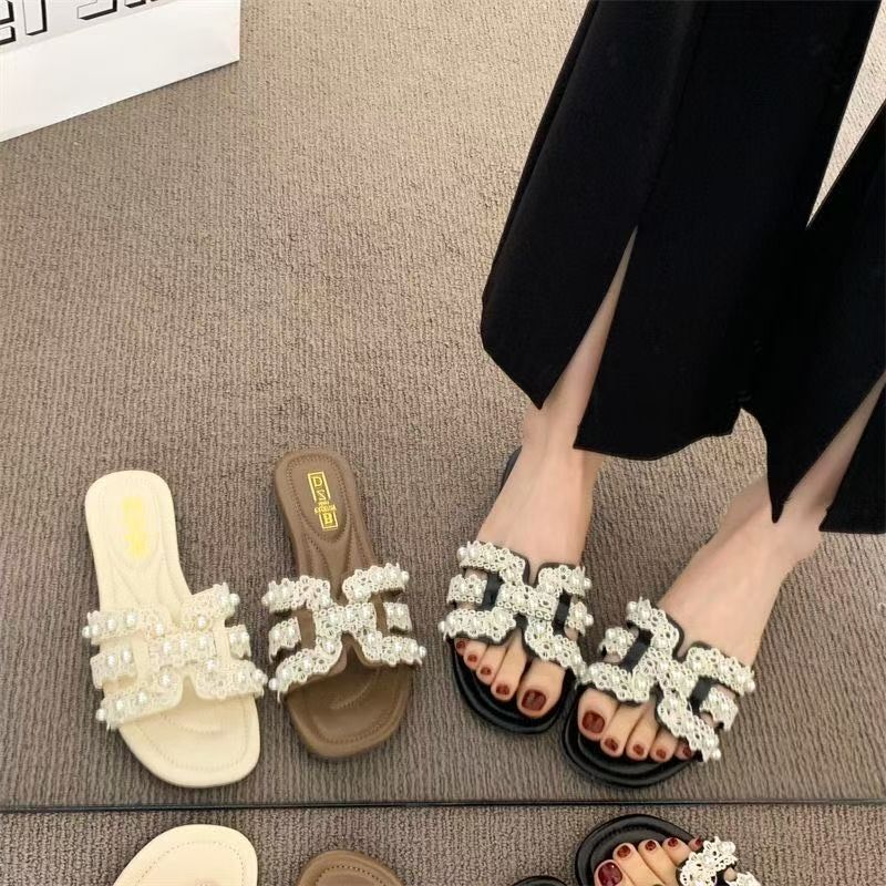 Lightweight Pearl Slippers Fairy Summer Fairy Style Small Fragrance Explosion Fashion Flat Bottom Word Beach Cool Slippers