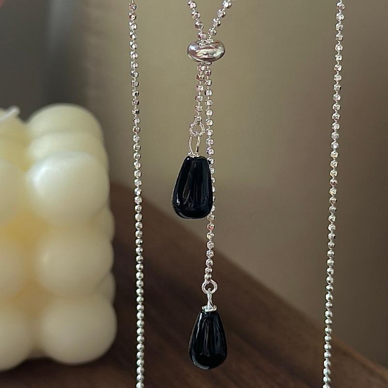 S925 Sterling Silver Niche Design Sense Retro Water Drop Agate Necklace Korean Style Fashion Personalized Sweater Chain