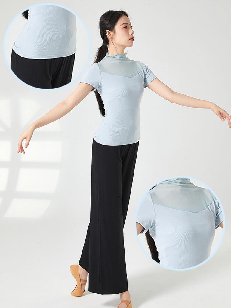 Yuoku Short Sleeve Ballet Dance Mesh Sheer High Neck Practice Classical Ballroom Elegant Dance Costume Women's Top, Collar, T-Shirt, Blouse,