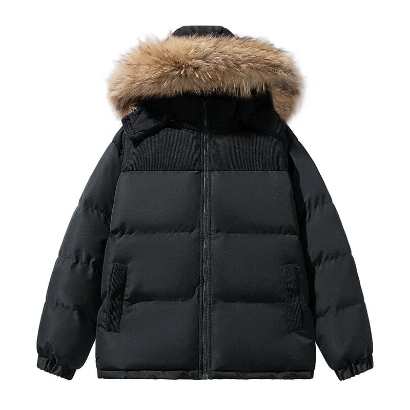Men Hooded Parkas Winter Fur Lined Hooded Men Thick Fleece Coats Male Parkas Female Couple Color Block Warm Winter Men Parkas
