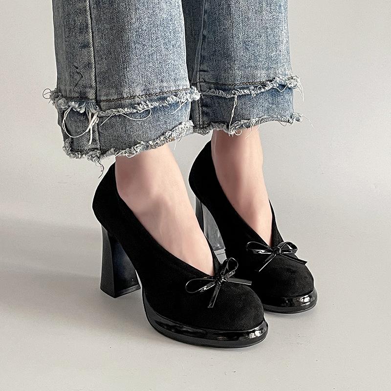 Vintage Thick Heel Bow Super High Heels Summer Temperament Suede Fashion Round Head Women Mary Jane Single Shoes
