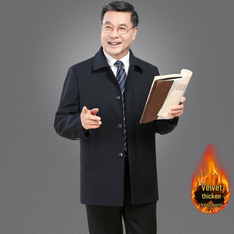 Men's Classic Car Trench Coat - Long Over-the-Knee Turn-Down Collar Outerwear for Middle-Aged and Elderly, Thickened for Spring, Autumn, and Winter.