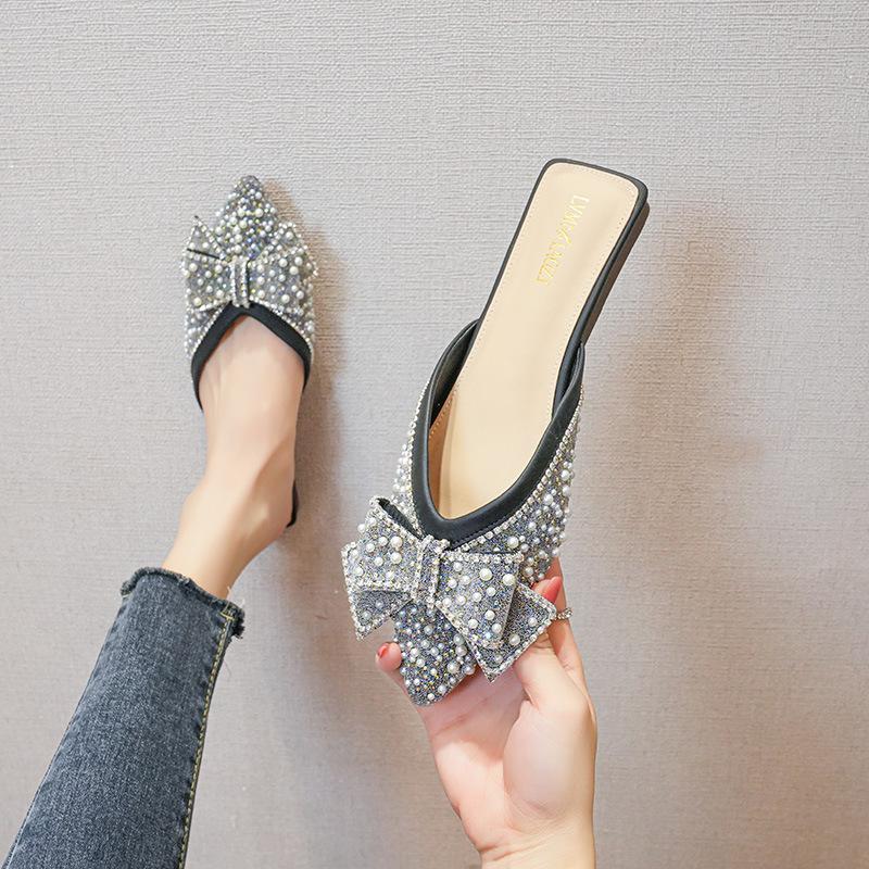 Fashion Baotou Slippers for Women 2025 New Style Flat Bottom Empty Single Shoes Summer Water Diamond Lazy Baotou Large Slippers 41-43