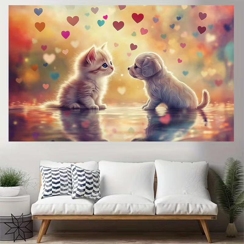 

2D Kitten & Puppy Love Heart Backdrop Cloth, Romantic Watercolor Photography Background 47.2x31.5inch/120*80cm