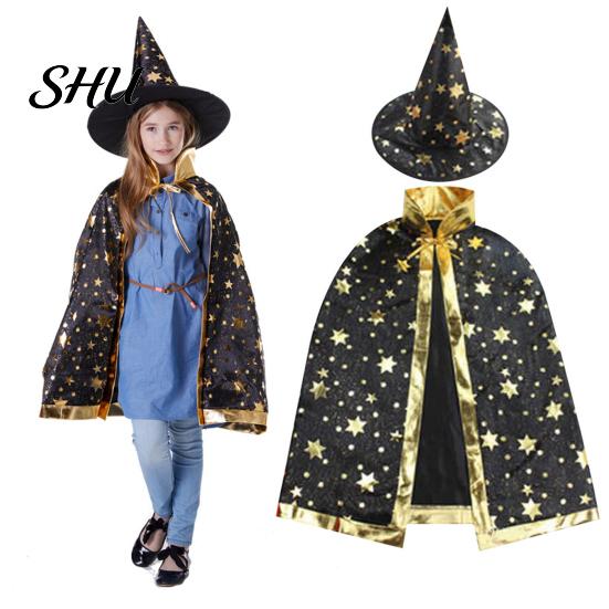 Breathable Witch Cape Adjustable Halloween Pentagram Printing with Wizard Costume Young Adults Hat Hand Bag Comfortable Kids