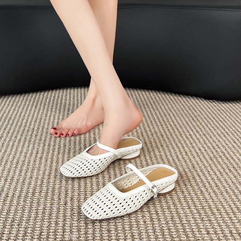 Baotou half-drag women's summer thick heels woven hollowed-out Mary Jane cool slippers women's outer wear women's shoes