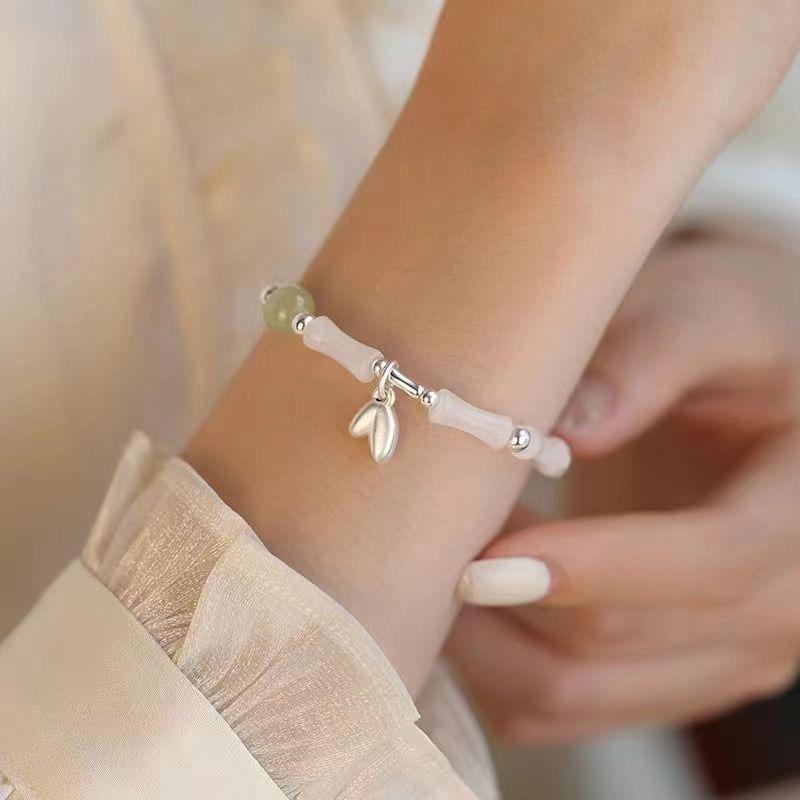 Chinese Style Retro Green Bamboo Joint Beaded Bracelet for Women's Fashion Simple Charm Alloy Leaf Bracelet Fashion Jewelry Gift
