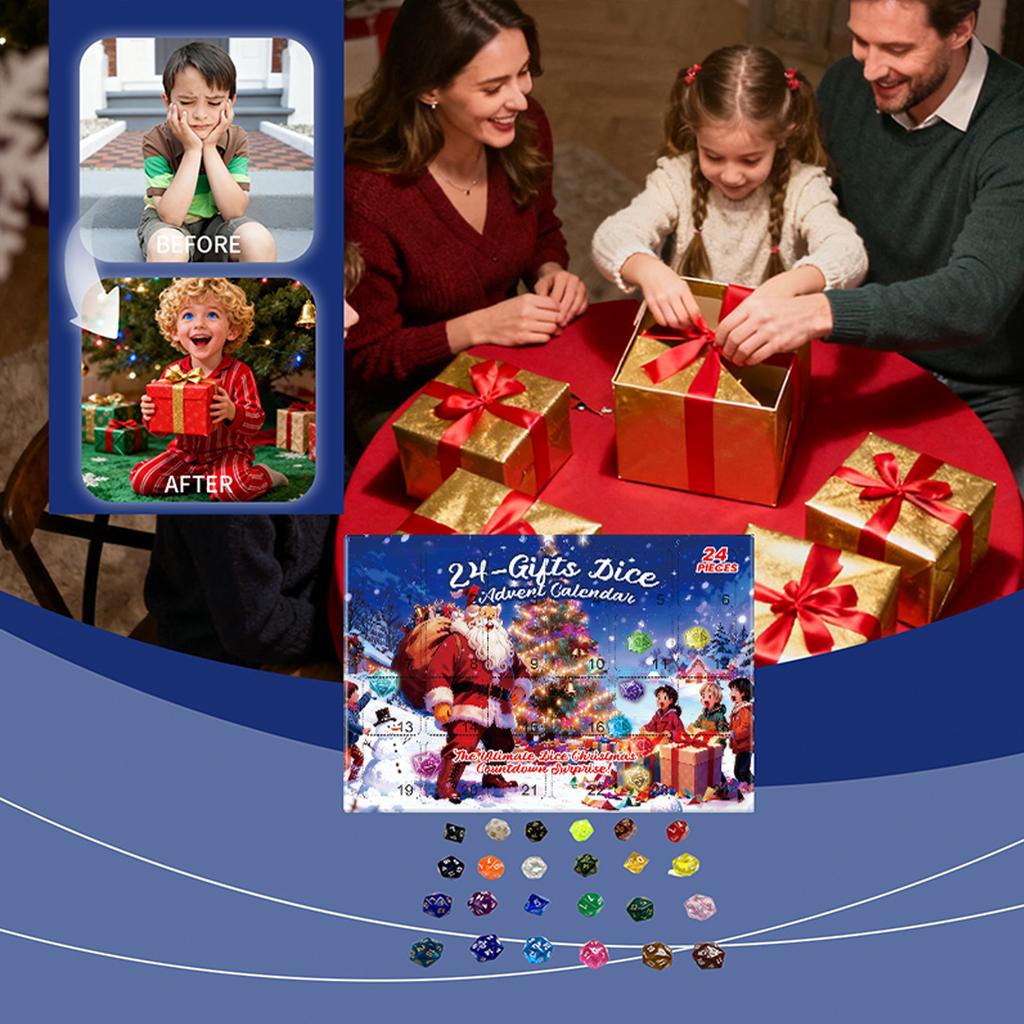 Sada kostek vánočního adventního kalendáře, 24denní dárek pro odpočítávání Vánoc, Vhodné pro RPG, nadšence do deskových her na hrdiny