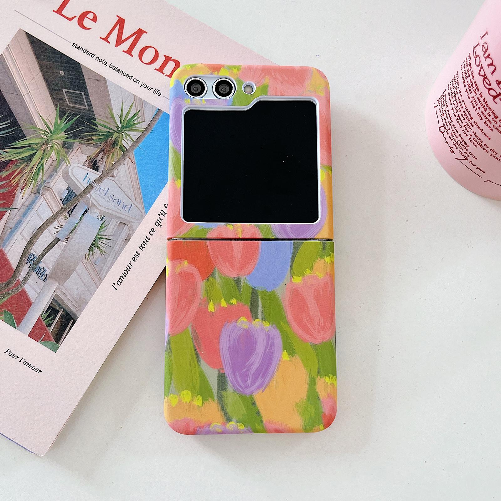 

For Samsung Galaxy Z Flip5 5G Case Water Transfer Printing Tulip Pattern PC Phone Cover Orange